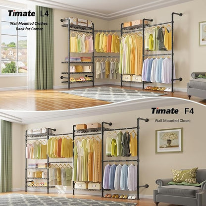 Timate L4 L Shape Garment Rack Heavy Duty Clothes Racks for Hanging Clothes, Expandable Industrial Pipe Clothing Rack Wall Mounted Closet Racks Wardrobe Closet Kit Corner Closet System, Black