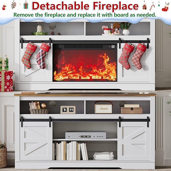 JUMMICO Fireplace TV Stand for 65+ Inch TV with 26'' Fireplace Entertainment Center with Storage Cabinet and Adjustable Shelves Media Console with Sliding Barn Door for Living Room (Bright White)