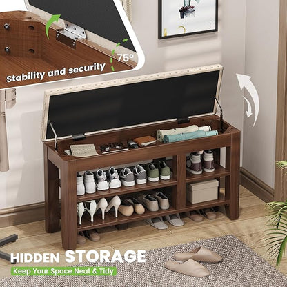 Shoe Bench for Entryway, Solid Rubberwood Shoe Bench with Hidden Storage, Adjustable 2-Tier Shelves & Soft PU Leather Seat, Shoe Rack Durable Easy Assembly for Hallway or Bedroom - Beige, 39.4"