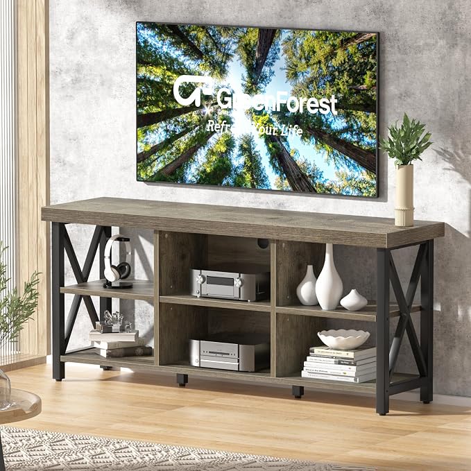 GreenForest TV Stand for TV up to 65 inches, Entertainment Center with 6 Storage Cabinet for Living Room, 55 inch Farmhouse Television Stands Console Table, Industrial TV Stands for Living Room, Gray