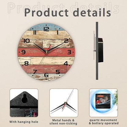 Clock for Living Room, Wooden Decorative Round Wall Clock Silent Non-Ticking Battery Operated Clock 10 Inch, Home Decor for Living Room, Kitchen, Bedroom and Office