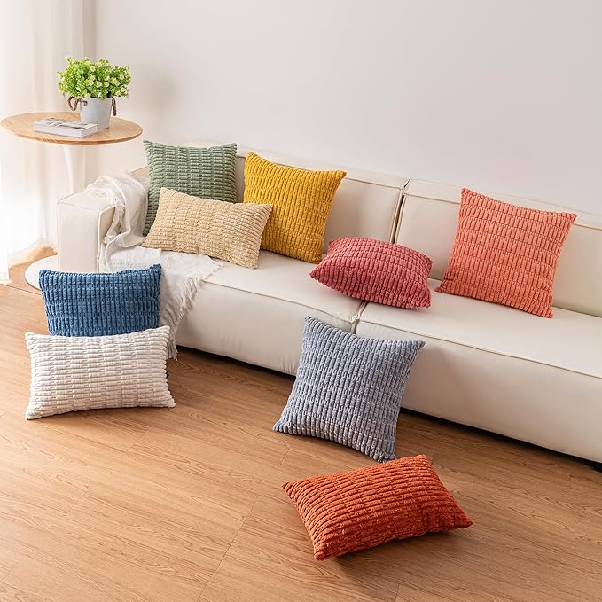 Aegero Pack of 2 Corduroy Decorative Throw Pillow Covers 20x20 Inch Soft Striped Pillow Covers Modern Farmhouse Home Decor for Sofa Living Room Couch Bed（Rose Red）