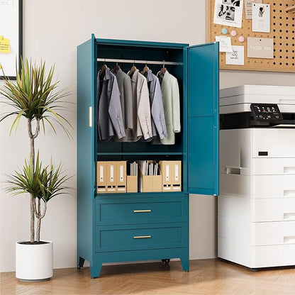 COFaR Armoire Wardrobe Closet with 2 Drawers, 71" Metal Storage Cabinet with Hanging Rod, Freestanding 2-Door Closet with Adjustable Shelf (Peacock Blue)