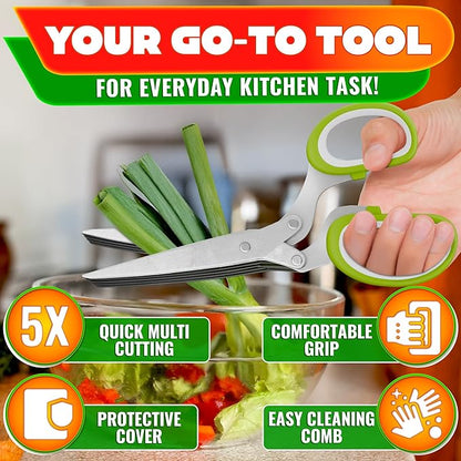 Herb Scissors with 5 Blades and Cover - Mince Fresh Cilantro, Parsley, Scallion, Chives & Dill in Seconds for Salad, Pasta, Tacos & Daily Meal Prep - Stainless Steel Herb Cutter with Cleaning Brush