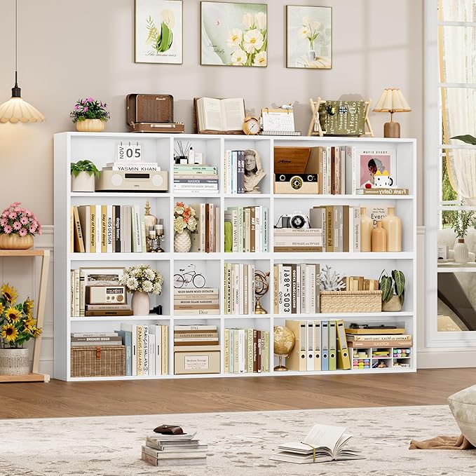 FOTOSOK 71'' Tall Bookshelf with 14 Cubes, 7 Tier Double Wide White Bookshelf with 6 Adjustable Shelves, 19.6" Narrow Bookcase DVD/CD Media Storage, Space Saving Display Shelf Cabinet, White
