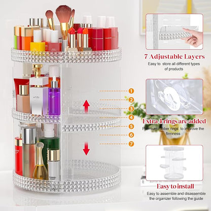 Awenia Makeup Organizer 360-Degree Rotating, Adjustable Makeup Storage, 7 Layers Large Capacity Cosmetic Storage Unit, Fits Different Types of Cosmetics and Accessories, Plus Size(Acrylic Clear)
