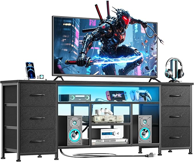 Furologee LED TV Stand for 65, 70 Inch TV, 63 Inch Entertainment Center with Power Outlets, 6 Fabric Drawers Dresser for Bedroom, Media Console with Open Shelves, PU Leather Surface, Black