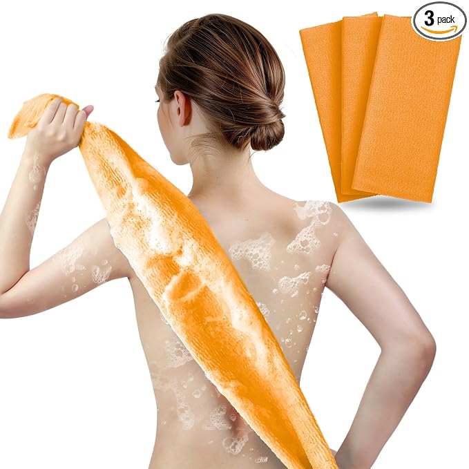 ARCH&M Exfoliating Washcloth & Body Scrubber, Orange, 3 Pack | Japanese Beauty Cloth, Nylon, Deep Cleansing, Back Exfoliation, For Shower Daily Use