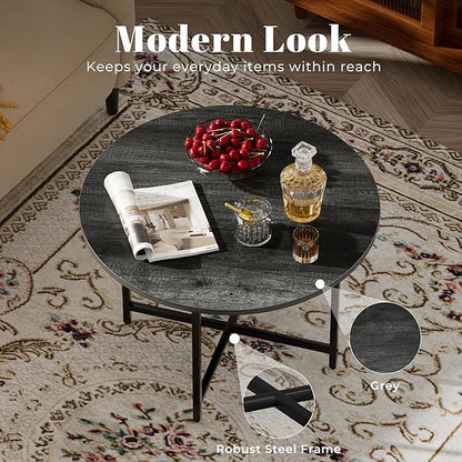 Round Coffee Table, Small Coffee Tables for Living Room, Wood Coffee Table with Metal Frame, Floor Table Desk for Sitting on The Floor, Home, Office, Farmhouse, Dark Gray (23.6" D x 17.7" H)