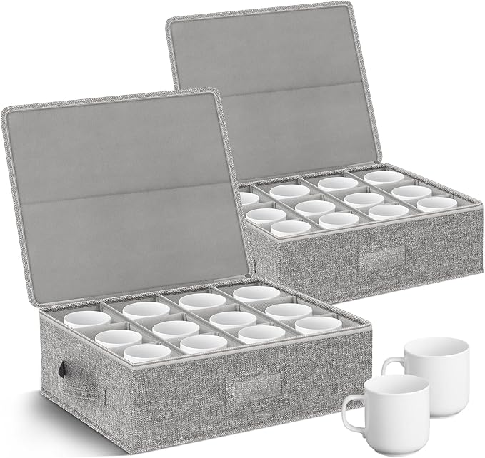 Kukikan Coffee Mug Storage Box 2 Pack with Dividers, China Storage Containers Organizer Moving Supplies, Hard Shell & Stackable for Coffee Mugs, Tea Cups w/Sturdy Lid & Handles, 24 Compartments, Grey
