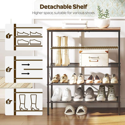 YATINEY 5-Tier Shoe Rack, Shoe Storage for Entryway and Closet, Free Standing Shoe Organizer with Metal Mesh Shelves, 16-20 Pairs of Shoes, Rustic Brown and Black SS05BR