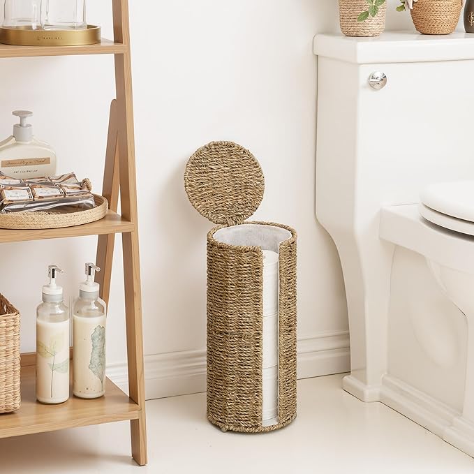 StorageWorks Seagrass Free Standing Toilet Paper Holder Stand for Bathroom, 3 Rolls of Toilet Tissue Storage with a Built-in Cloth Lining, Toilet Roll Holder Stand with Lid