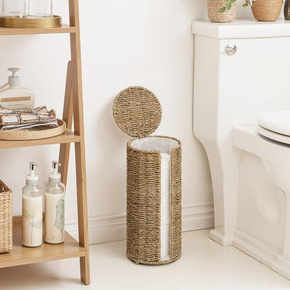 StorageWorks Seagrass Free Standing Toilet Paper Holder Stand for Bathroom, 3 Rolls of Toilet Tissue Storage with a Built-in Cloth Lining, Toilet Roll Holder Stand with Lid
