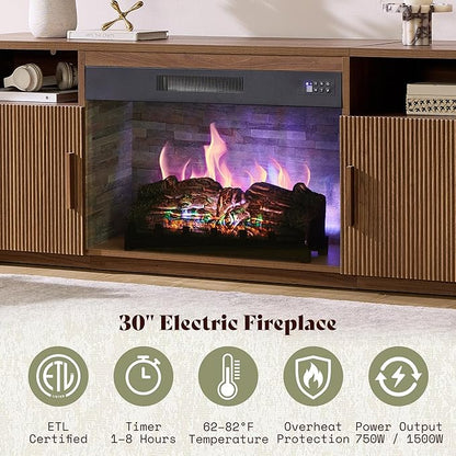 AMERLIFE 70" Fluted Fireplace TV Stand for TVs Up to 80", Modern TV Console with 30" Electric Fireplace & Storage Cabinets, Media Entertainment Center for Living Room, Brown