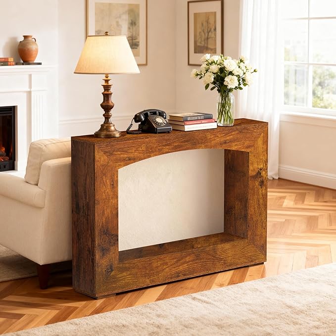 46 Inch Entryway Table U-Shaped, Wooden Console Table with Socket Farmhouse Sofa Table for Entrance, Hallway, Living Room,Behind Couch(Rustic Brown)