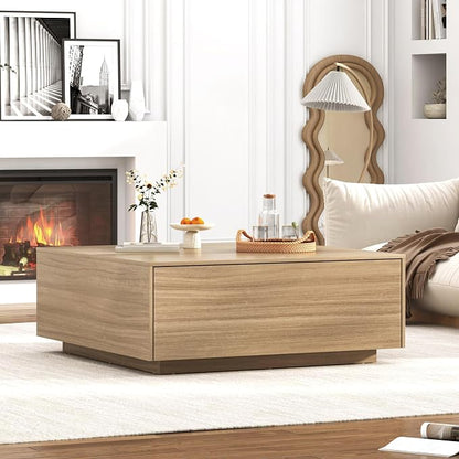 chartustriable 43” Square Coffee Table with Storage, 43" D x 43" W x 17" H Modern Large Square Center Table with 2 Drawers, Wood Coffee Table for Living Room, Light Brown,Bedroom,Light Brown