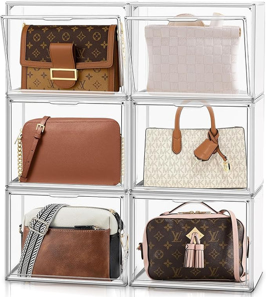 6 Pack X-Large Acrylic Display Case, Size 14 Clear Shoe Box Stackable Sneaker Display Case with Magnetic Lid Multipurpose Storage Bin for Closet for Purses, Handbags, Cosmetics, Collectibles