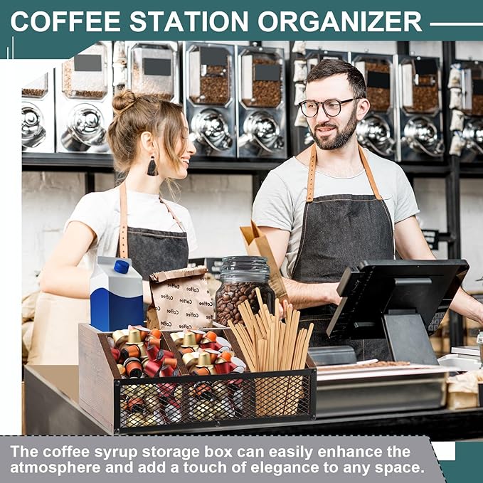 Yalikop Coffee Station Organizer for Countertop, All in One No Assembly Wood Coffee Creamer Bar Holder with Iron Mesh, Office Tea Bar Accessories Gift for New Home Birthday(Dark Brown,Classical)
