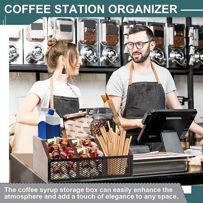 Yalikop Coffee Station Organizer for Countertop, All in One No Assembly Wood Coffee Creamer Bar Holder with Iron Mesh, Office Tea Bar Accessories Gift for New Home Birthday(Dark Brown,Classical)