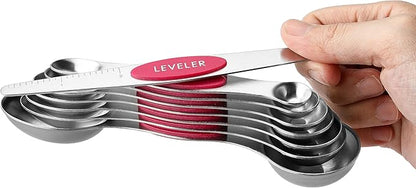 Spring Chef Pink Stainless Steel Magnetic Measuring Spoons Set of 8 with Leveler, Dual Sided Teaspoon & Tablespoon Measuring Set for Dry and Liquid Ingredients, Kitchen Gadgets for Baking & Cooking
