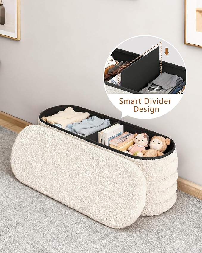 GLAXYFUR Storage Ottoman Bench, 43 Inch Upholstered Entryway Shoe Seat, End of Bed Stool Blanket Chest for Living Room, Hallway, Sherpa White
