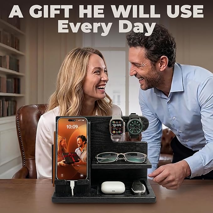 TESLYAR Wood Phone Docking Station for Men - Desktop or Nightstand Organizer - Birthday Gifts for Men, Dad - Anniversary Idea from Wife - Key Holder, Stand Wallet, Watch & Essentials (Granite Black)