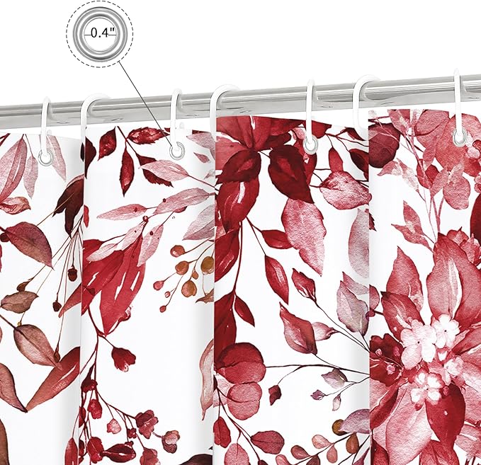 Gibelle Small Stall Shower Curtain 36 x 72, Narrow Half Burgundy Red Floral Shower Curtain for Bathroom, Watercolor Plant Eucalyptus Leaves Fabric Shower Curtain Set
