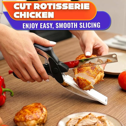 2 in 1 Kitchen Scissors for Food – Stainless Steel 9.5" Tomato Knife Chops Vegetables, Fruit, Cheese, Meat in Seconds | Dishwasher Safe Cutting Board Scissors with Safety Lock – Kitchen Gift for Dad