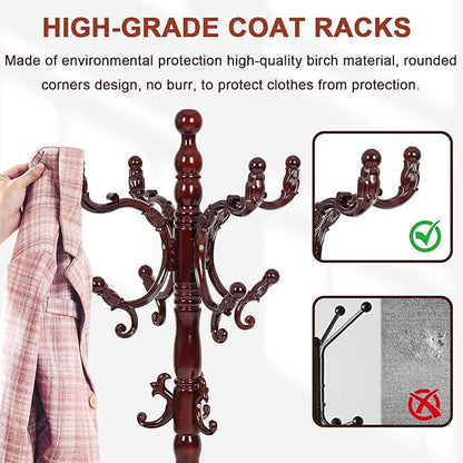 Coat Racks Freestanding, Natural Wood Coat Stands with 14 Hooks, 73" Heavy Duty Adjustable Height Vintage Hall Tree for Entryway, Bedroom, Office, Easy Assembly (Triangular Rosewood)