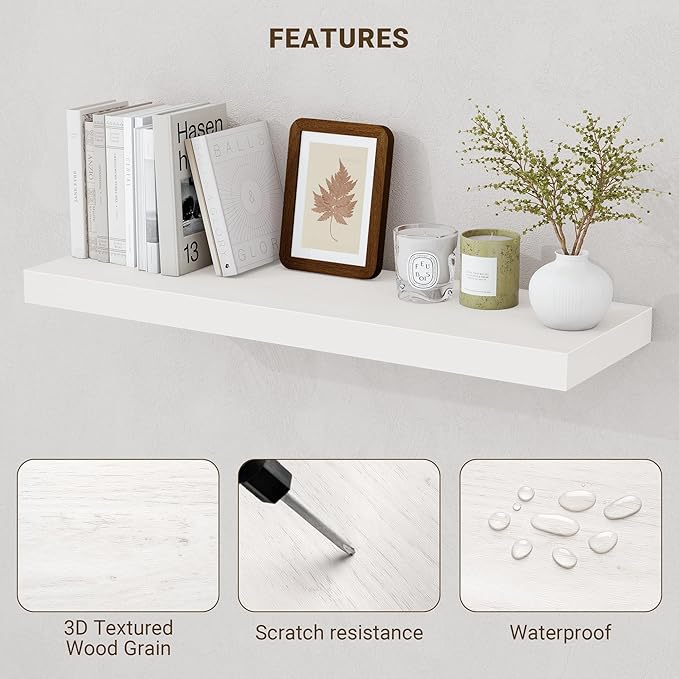 Acovy 24 Inch Floating Shelves, 24"x9.25"x1.5" Inch Deep Floating Shelves for Wall, Wooden Shelves for Bathroom, Bedroom, Living Room, Cream White Oak, 2 Pieces