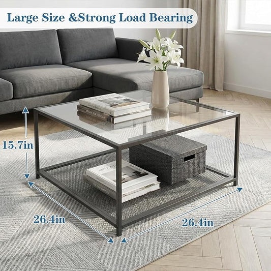 Black Glass Coffee Table, Square Coffee Tables with Storage Shelf, Simple Tea Cocktail Modern Center Tables for Small Space, Living Room, Easy Assembly, 26 * 26in（Black）