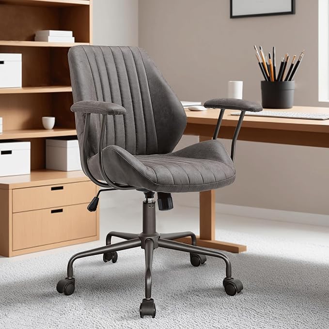 ovios Home Office Chair, Mid-Century Modern Faux Suede Leather Ergonomic Chairs, Mid Back Comfy Computer Swivel Rolling Task Executive Armchair, Grey