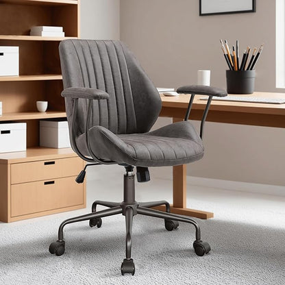 ovios Home Office Chair, Mid-Century Modern Faux Suede Leather Ergonomic Chairs, Mid Back Comfy Computer Swivel Rolling Task Executive Armchair, Grey