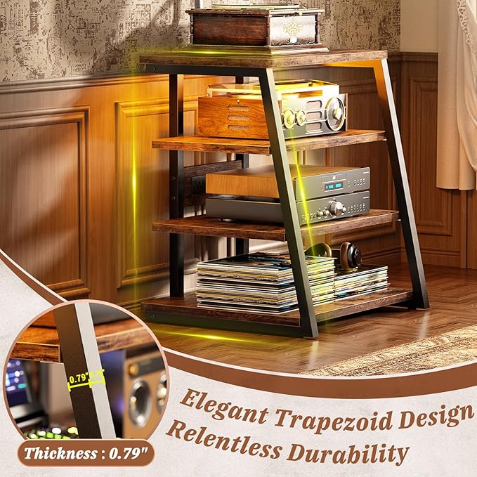 Armocity 4-Tier AV Media Stand with Power Strips, Stereo Stand with LED Lights, Audio Tower Rack with Adjustable Shelves, Small Entertainment Center, 30'', Rustic Brown