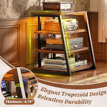 Armocity 4-Tier AV Media Stand with Power Strips, Stereo Stand with LED Lights, Audio Tower Rack with Adjustable Shelves, Small Entertainment Center, 30'', Rustic Brown