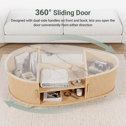 Seang Fluted Coffee Table with Storage,39" Oval Coffee Table with Dual Sliding Doors,Wooden Center Table for Living Room Home Office,Natural