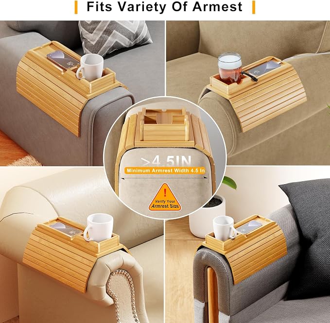 Bestjing Bamboo Sofa Armrest Tray - Couch Arm Tray with Detachable Couch Cup Holder - 2 in 1 Anti-Slip Foldable Sofa Armchair Caddy Table for Drinks Cellphone TV Remote Snacks