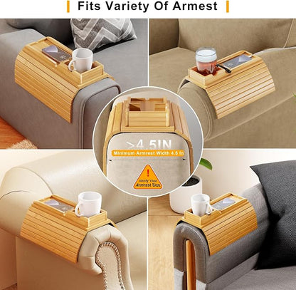 Bestjing Bamboo Sofa Armrest Tray - Couch Arm Tray with Detachable Couch Cup Holder - 2 in 1 Anti-Slip Foldable Sofa Armchair Caddy Table for Drinks Cellphone TV Remote Snacks