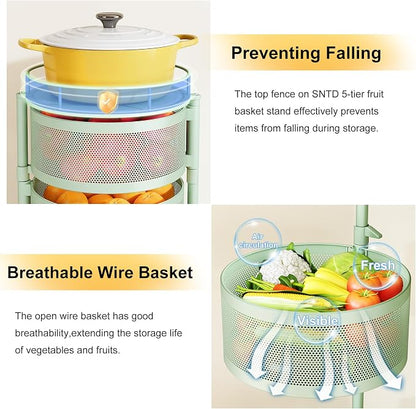 SNTD Fruit and Vegetable Basket Bowls for Kitchen with Metal Top Lid, 5 Tier Rotating Storage Rack Cart for Potato Onion Bread Banana, Wire Basket Organizer on Wheels, Large (Green)