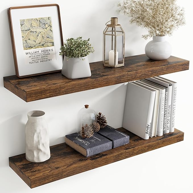 36 Inch Floating Shelves for Wall, 8 Inch Deep Floating Shelf for Storage & Display, Wall Mounted Shelf with Invisible Brackets for Living Room, Kitchen, Bathroom, Home Decor, Set of 2, Rustic Brown