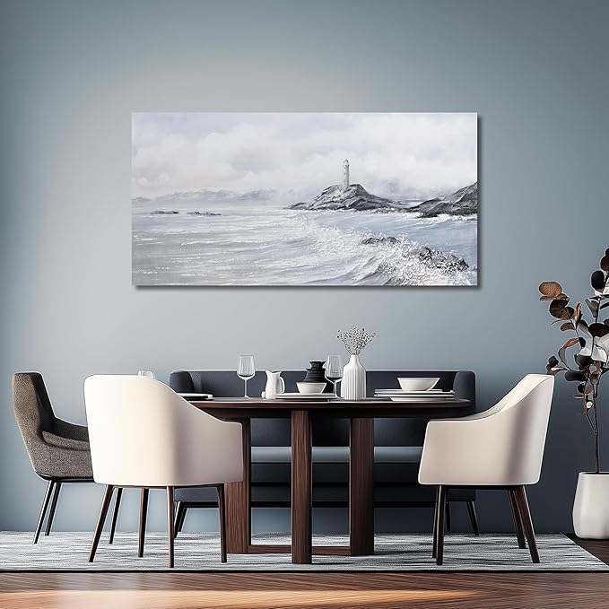 Belmrxne Coastal Wall Art White Wall Decor Large Ocean Canvas Painting Lighthouse and Mountain Artwork Modern Aesthetic wall prints for Living Room Dining Room Bedroom Office 29x58 Inches