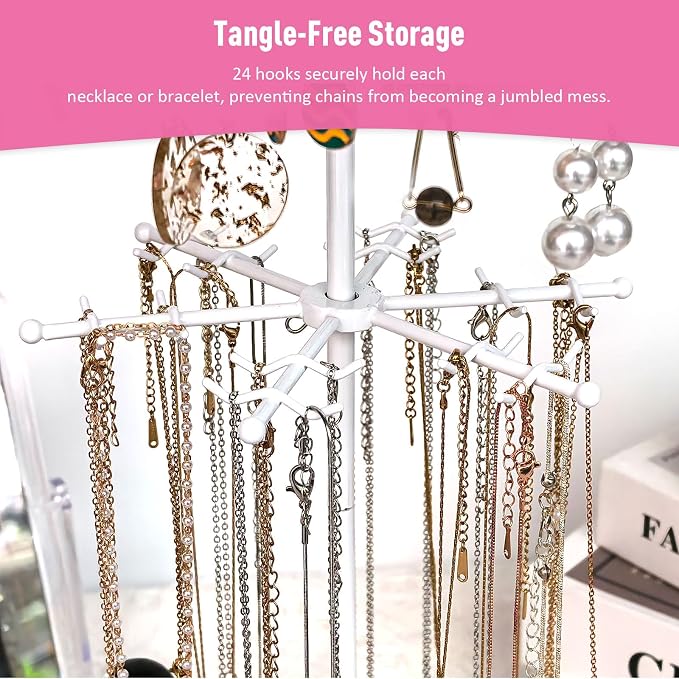 360 Rotating 2-Tier Jewelry Organizer Stand, Large Earring Holder Organizer with 48 Holes for Studs，24 Prongs for Necklaces, Wide Base for Bracelets, Watches, Lipstick, Jewelry Display Stand for Women