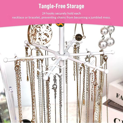360 Rotating 2-Tier Jewelry Organizer Stand, Large Earring Holder Organizer with 48 Holes for Studs，24 Prongs for Necklaces, Wide Base for Bracelets, Watches, Lipstick, Jewelry Display Stand for Women