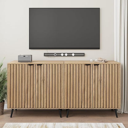 Smuxee Fluted Sideboard Cabinet, Freestanding Natural Buffet Cabinet with Adjustable Shelf, Wood Storage Cabinet for Living Room, Entryway, Hallway