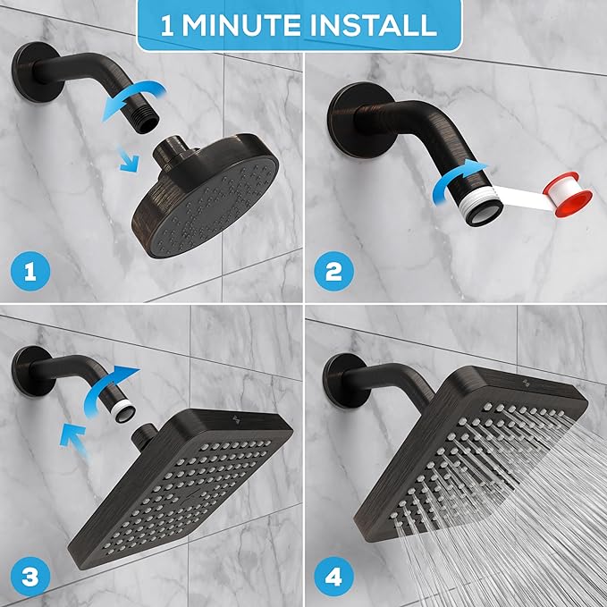 SparkPod Rain Shower Head, 6 Inch Square | High Pressure Shower Heads, 90 Nozzle (Touch-to-Clean), Adjustable Showerhead, No-tool Universal Connection