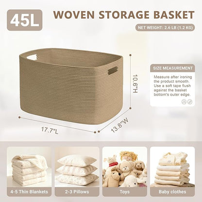SunNewt 45L Small Wicker Laundry Basket for Living Room Storage,Cute Boho Woven Cotton Rope Baskets for Kids Toy,Gifts,Square Blanket Hamper for Bedroom Dirty Clothes,Jute