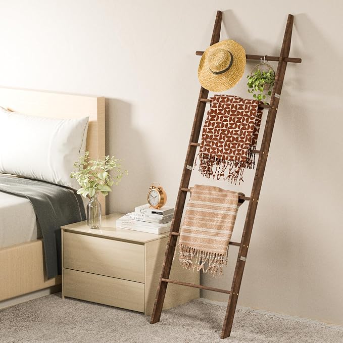 Farmhouse Wooden Blanket Ladder with Removable Hooks, 6-Tier Rustic Blanket Rack Decorative Stand, Leaning Towel Quilt Rack Holder for Bathroom Living Room Decor Brown