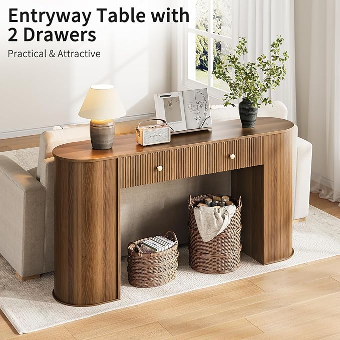 59" Fluted Console Table with 2 Drawers - Wood Entryway Table with Storage, Mid Century Modern Long Sofa Tables Behind Couch with Curved Legs for Living Room, Entry, Hallway, Foyer, Walnut