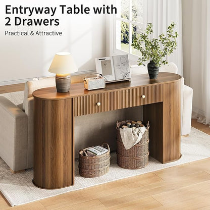 59" Fluted Console Table with 2 Drawers - Wood Entryway Table with Storage, Mid Century Modern Long Sofa Tables Behind Couch with Curved Legs for Living Room, Entry, Hallway, Foyer, Walnut