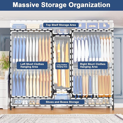 Ulif E12C Heavy Duty Closet Organizer System，Freestanding Clothing Racks for Hanging Clothes，Adjustable Garment Rack 71" W x 16" D x 76.5" H Hold 960 lbs，Black Clothing Rack with Grey Dustproof Cover